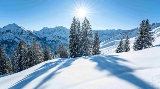 Paysage hivernal avec de la neige, des sapins en montagne et un soleil levant