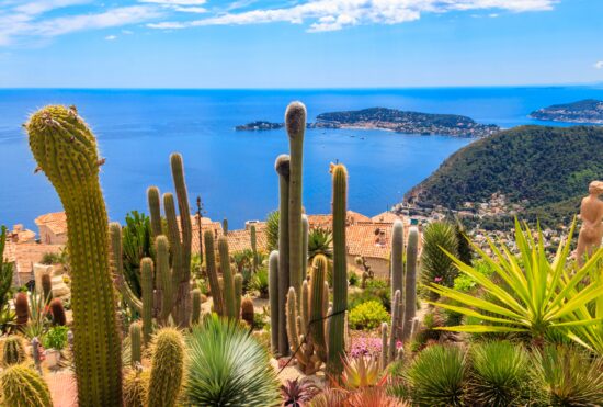 Vue panoramique sur le littoral méditerranéen, maisons médiévales et jardin exotique depuis le sommet du village médiéval d'Eze sur la Côte d'Azur