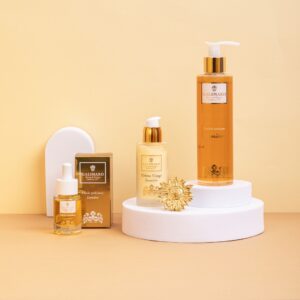 Gamme Lumière de la Maison de Parfums grassoise Galimard : lotion tonique, sérum elixir, crème visage argousier