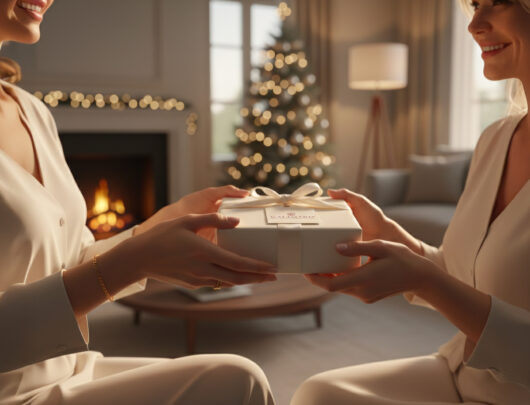 Deux femmes s’échangent un cadeau Galimard dans un salon décoré pour les fêtes, avec sapin illuminé et cheminée en arrière-plan.