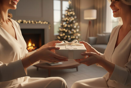 Deux femmes s’échangent un cadeau Galimard dans un salon décoré pour les fêtes, avec sapin illuminé et cheminée en arrière-plan.
