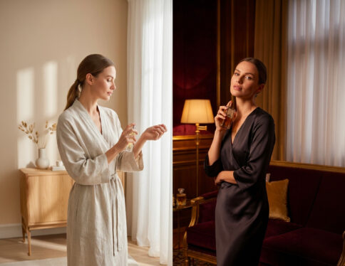 Illustration d’une femme se parfumant le matin dans une pièce lumineuse et le soir dans un intérieur chaleureux, comparaison jour et nuit.