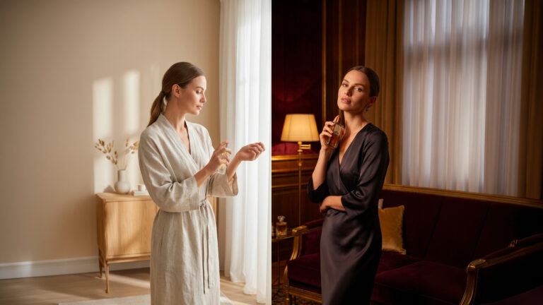 Illustration d’une femme se parfumant le matin dans une pièce lumineuse et le soir dans un intérieur chaleureux, comparaison jour et nuit.