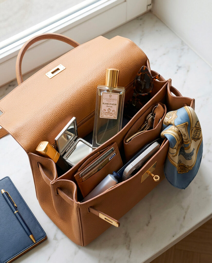 Sac à main ouvert vu de dessus contenant accessoires du quotidien et un flacon de parfum Galimard, style chic et organisé.