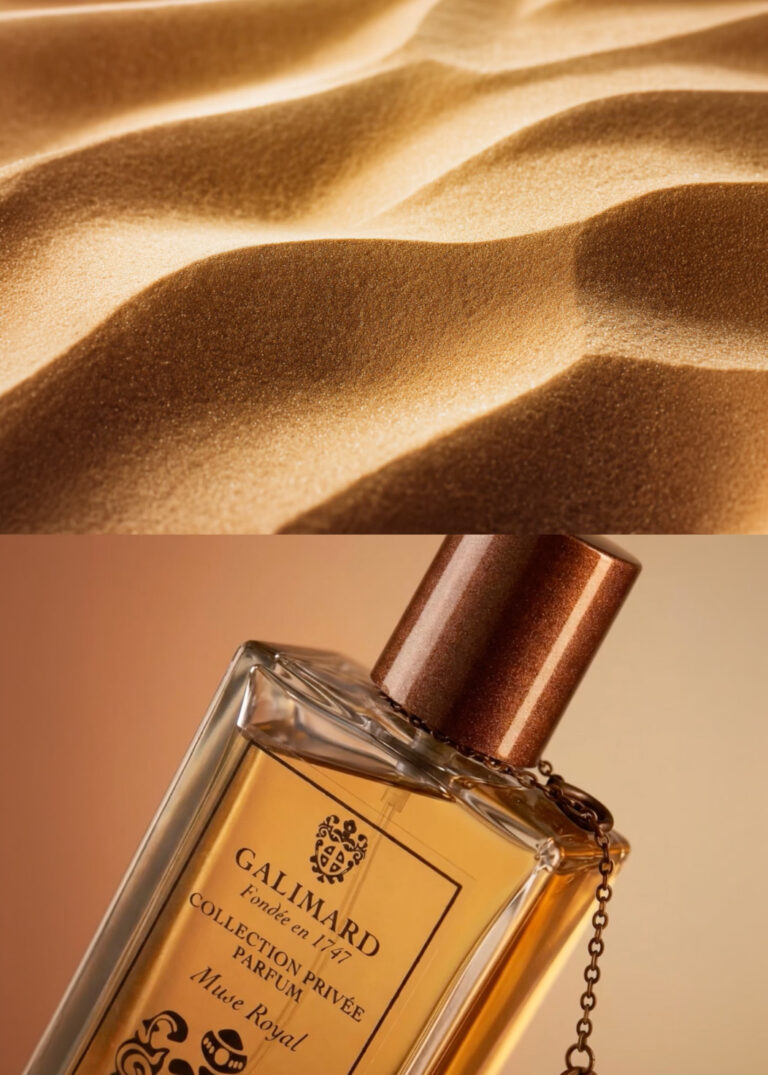Gros plan sur un flacon de parfum Musc Royal de Galimard avec bouchon texturé et chaîne décorative, rendu luxueux et détaillé.