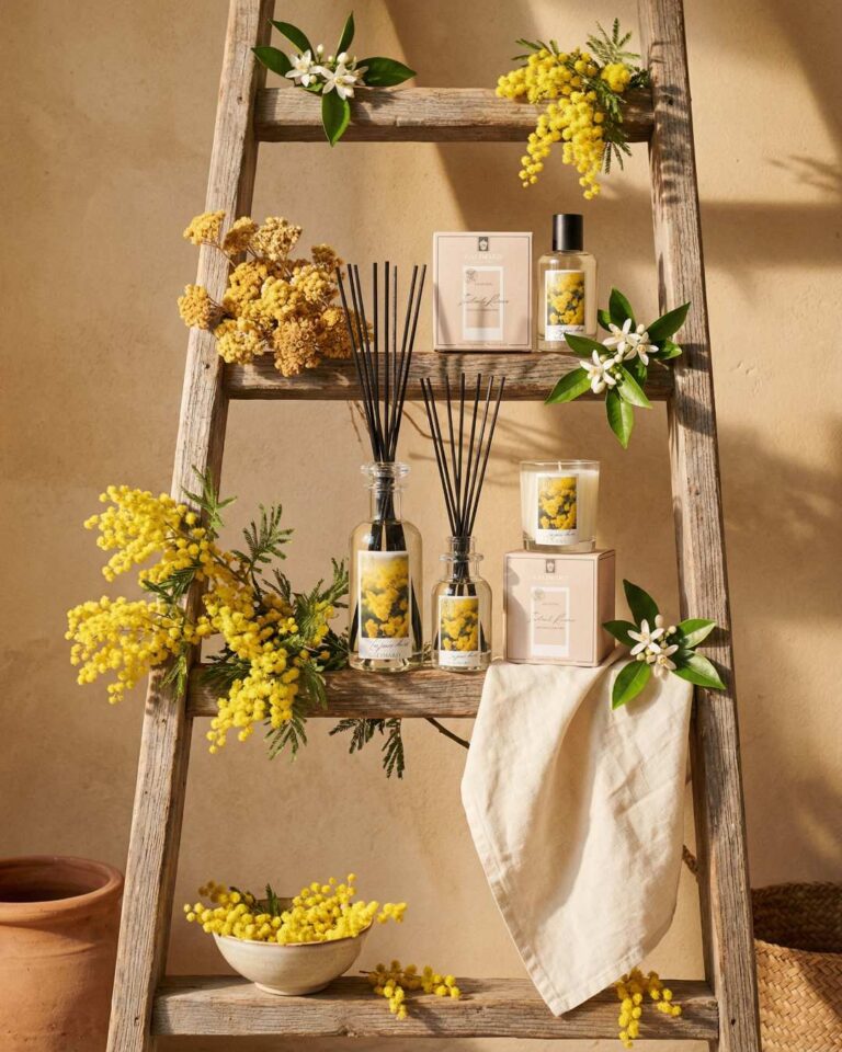 Collection parfum d’ambiance Instants Riviera - Les jours dorés de la Parfumerie Galimard aux notes de mimosa comprenant diffuseurs de parfum, bougie parfumée et parfum d’intérieur.