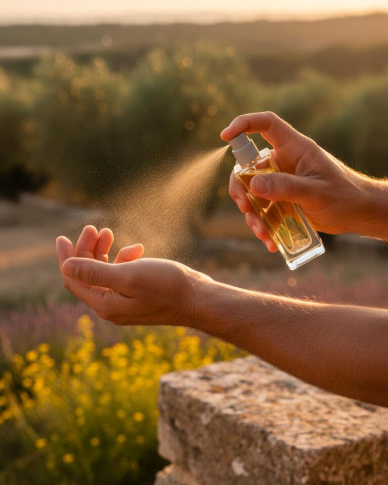 Vaporisation d’un parfum sur le poignet au coucher du soleil, symbole d’une fragrance raffinée aux notes florales et naturelles.