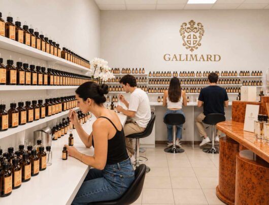 Atelier de création de parfum Galimard avec plusieurs participants découvrant et testant des essences parmi de nombreux flacons, sous le logo Galimard.