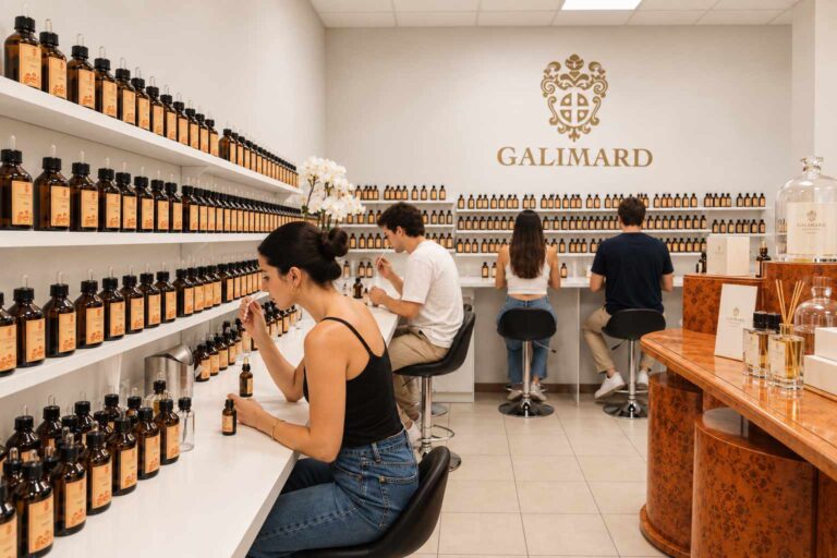 Atelier de création de parfum Galimard avec plusieurs participants découvrant et testant des essences parmi de nombreux flacons, sous le logo Galimard.