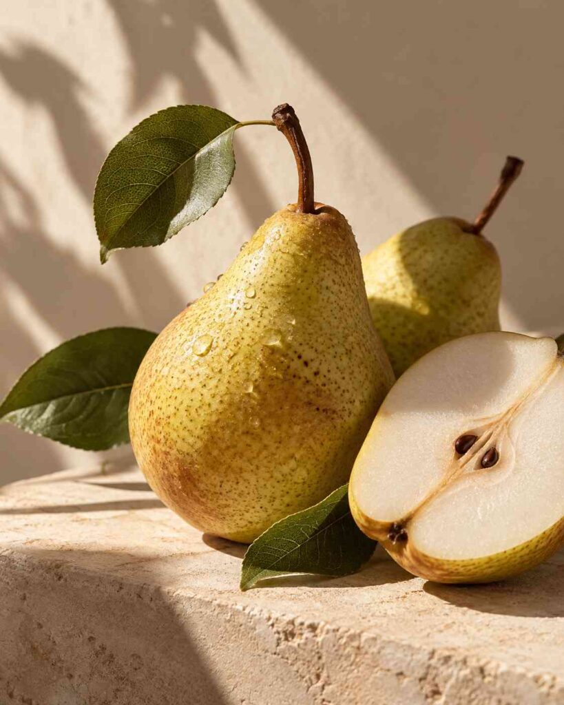Poires mûres entières et coupées, accompagnées de feuilles vertes, sur un fond beige lumineux aux ombres naturelles.